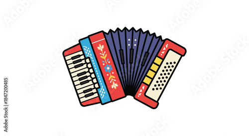 colorful accordion clipart with folk floral pattern cartoon music instrument icon on white background for festival poster and logo
