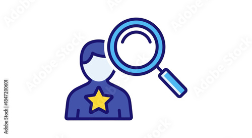 customer review and rating icon showing magnifying glass inspecting person with star badge concept for feedback and hr evaluation
