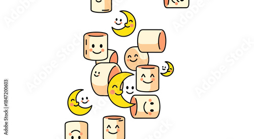 cute kawaii marshmallow and crescent moon characters with smiling faces on white background seamless bedtime pattern for kids