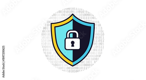 cybersecurity shield icon with padlock securing binary code data flat vector illustration for network protection privacy policy and it security