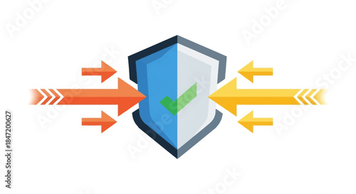 cybersecurity shield icon blocking incoming arrows with green check mark illustrating secure data protection and antivirus firewall concept