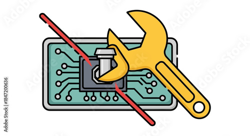 cybersecurity maintenance ban icon with wrench and bolt over computer circuit board illustrating device repair restriction concept