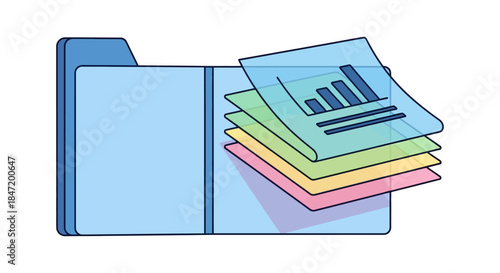 data analytics report documents stacked inside digital folder icon illustrating organized business files and project management workflow