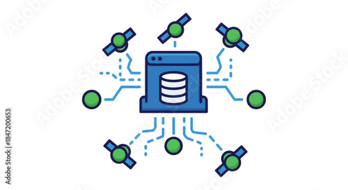 data center server connected to satellite network flat line icon illustrating cloud database synchronization and global communication