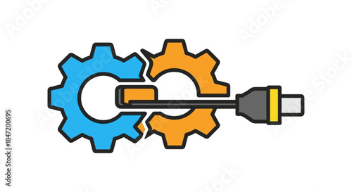 devops automation icon with blue and orange gears connected by cable plug illustrating continuous integration and software deployment