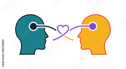 empathy and connection concept illustration with two human heads linked by heart shaped line symbolizing emotional intelligence and trust