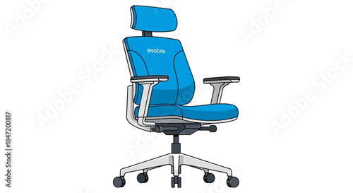 ergonomic office chair illustration with adjustable headrest and lumbar support on white background ideal for workplace comfort branding