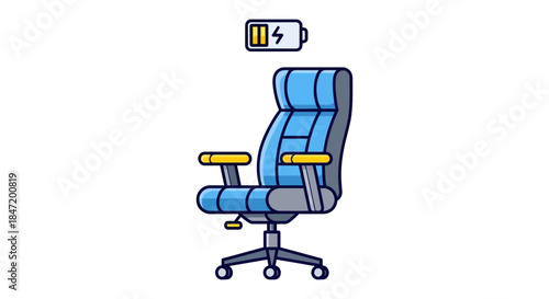 ergonomic office chair illustration with low energy battery icon symbolizing workplace fatigue and remote work burnout concept