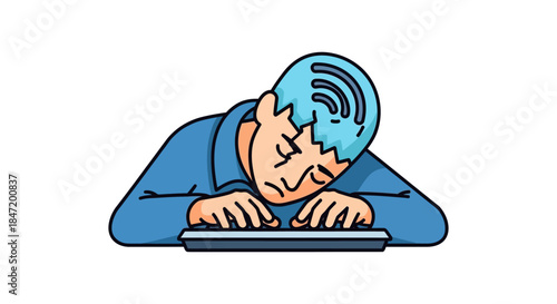 exhausted office worker asleep at computer keyboard burnout illustration showing digital overload and mental fatigue for workplace stress content