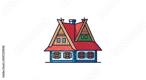 fairy tale cottage vector illustration of cozy timber house with red roof and windows isolated on white background for real estate design