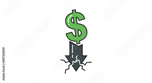 falling dollar sign crashing through ground simple flat vector icon on white background illustrating financial crisis market crash
