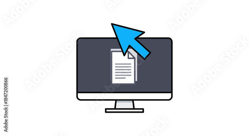 file upload icon with blue cursor arrow clicking document on computer monitor screen simple flat illustration for web interface ui