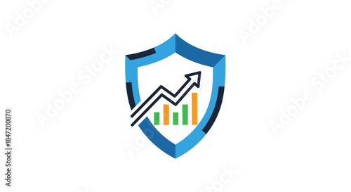 financial data security shield logo with rising arrow and bar chart icon symbolizing safe investment growth and business protection