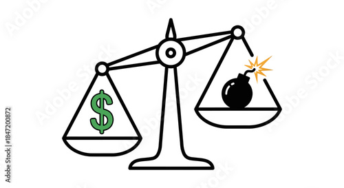 financial risk and reward concept with scales weighing dollar symbol against lit bomb illustrating investment crisis and money danger