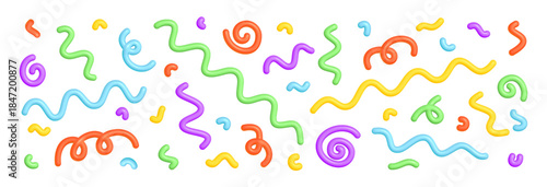 Abstract line shape pattern. 3d wave colorful elements on white background. Fun doodle kid swirl, spiral, curve. Vector illustration for birthday, carnival, childish holiday design