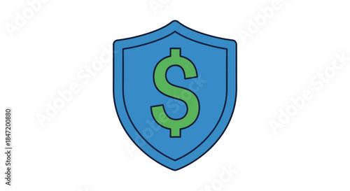 financial security shield icon with green dollar sign on blue badge simple flat vector illustration for banking savings and insurance