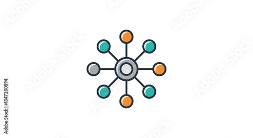 flat hub and spoke network icon showing connected nodes and central data hub on white background concept for api integration and connectivity