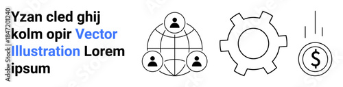 Network of people linked in a globe, cogwheel symbol for efficiency, and a falling coin representing revenue. Ideal for teamwork, globalization, innovation, productivity, finance, strategy simple