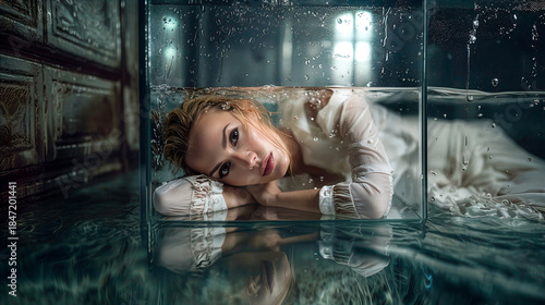 Frauenportrait durch Aquariumglas mit generativer KI Midjourney erstellt