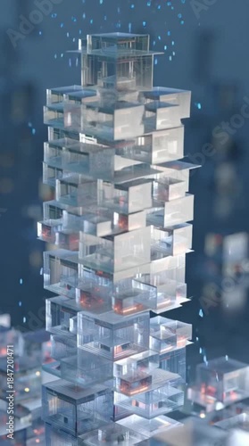Transparent glass cubical layers are meticulously stacked, forming a futuristic, glowing tower representing a complex data center.