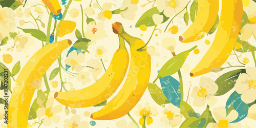 밝고 화사한 바나나와 꽃 패턴의 배경 일러스트, 여름 테마 디자인