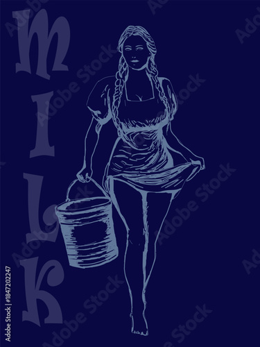 An illustration in the form of a sketch of a beautiful girl carrying a bucket and holding the hem of her dress with her hand on a blue background with the inscription 