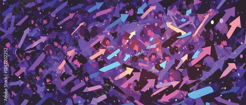 다양한 방향으로 나아가는 화살표들의 추상적인 벡터 그래픽으로, 움직임과 방향성을 표현합니다.