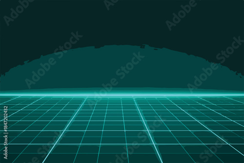 미래 지향적인 네온 그리드 배경, 사이버펑크 스타일의 추상적인 디지털 공간