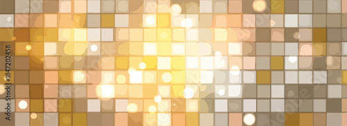반짝이는 금색과 베이지색 사각형 패턴 배경에 부드러운 빛나는 보케 효과가 있는 추상적인 디자인