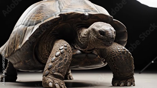 Closeup of a large tortoise slowly moving across dark background with detailed shell and textured skin in natural lighting