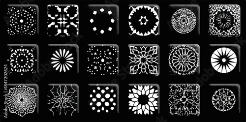 다양한 기하학적 패턴과 추상적인 디자인의 흰색 벡터 아이콘 모음