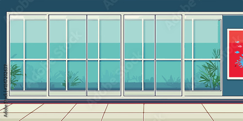 현대적인 건물 외관에 넓은 유리창과 식물이 있는 미니멀리스트 디자인