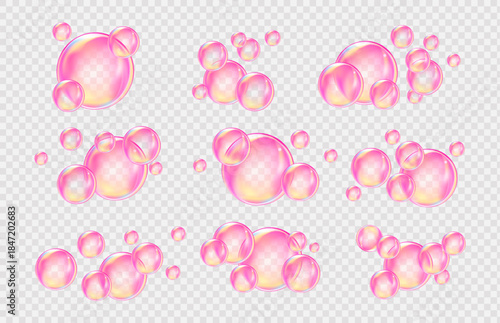 Fizzing air and water pink bubbles on white background with fizzy sparkles. Vector texture of bubble gum and collagen bubbles for dreamy design.background.