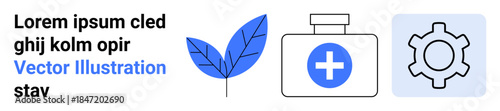 Blue leaf, medical kit featuring a cross, and gear icon symbolizing health, nature, and innovation. Ideal for healthcare, wellness, nature, environment science technology simple landing page