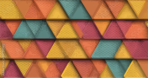 다채로운 삼각형 패턴의 추상적인 배경, 질감과 음영이 있는 기하학적 디자인