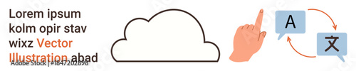 Language translation, cloud storage, digital services, online communication, text processing, education tools. Cloud icon, text hand pointing to translation symbols. Language translation and cloud