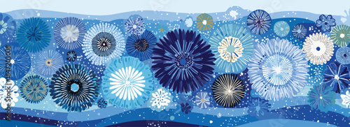 다양한 크기와 파란색 톤의 추상적인 꽃 모양 그래픽 디자인