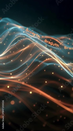 Abstract dynamic pattern of glowing orange and blue wavy lines with scattered particles on a deep dark background.