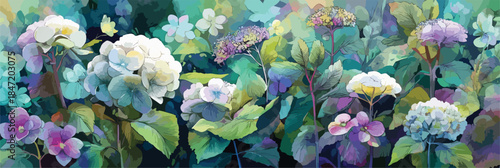 풍성한 수국과 작은 꽃들이 어우러진 몽환적인 정원 일러스트