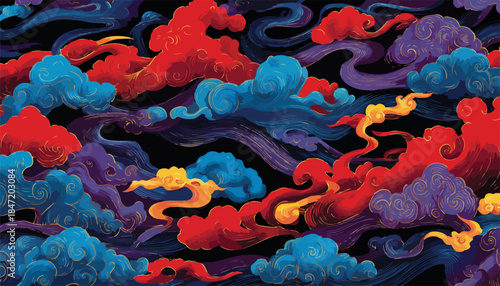 화려하고 추상적인 구름 패턴의 벡터 아트워크, 동양적인 디자인과 다채로운 색상이 특징입니다.