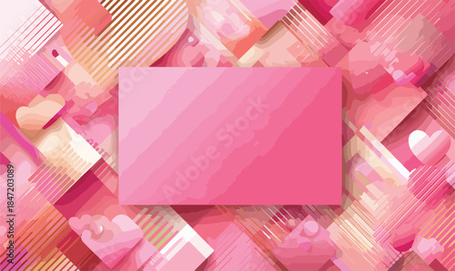 사랑스러운 핑크 하트와 기하학적 패턴으로 구성된 로맨틱한 배경, 텍스트 공간 포함