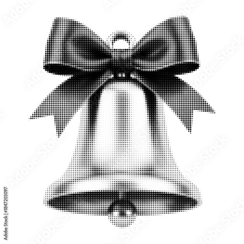 Vintage style Christmas bell with ribbon in black and white halftone texture. Classic holiday symbol for greeting cards, posters and festive design.
