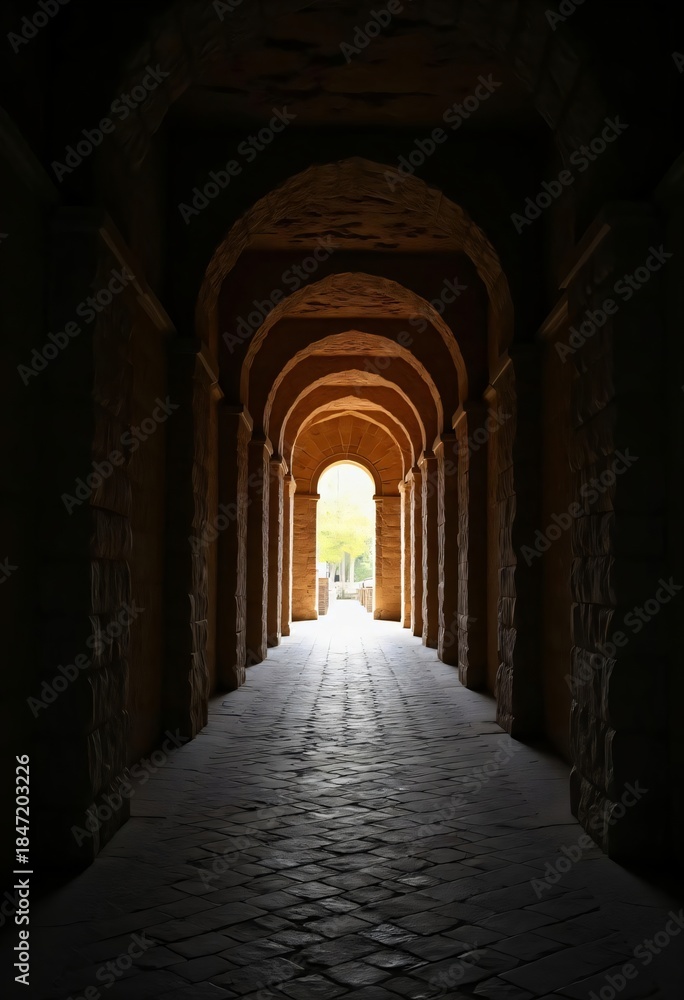 Fototapeta premium A long dimly lit stone hallway with arched ceiling. Historic architecture showing perspective and the path ahead. Concept of journey.