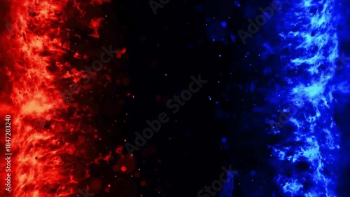 Vivid red and blue flames swirl and merge in slow abstract motion against a dark background. High contrast fire energy creates a dramatic, powerful visual ideal for cinemat