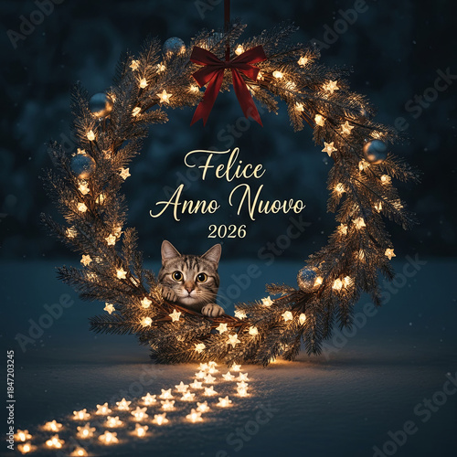 Couronne de Noël lumineuse avec chaton mignon et message italien de vœux pour une heureuse année 2026