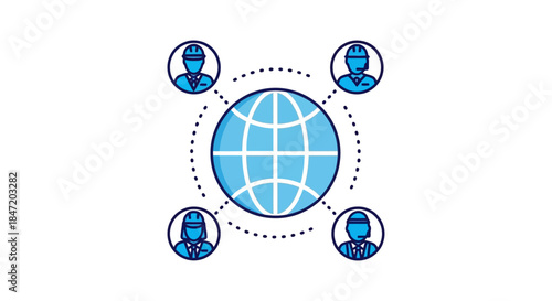 global construction team network around connected world globe icon illustrating remote project collaboration and international engineering