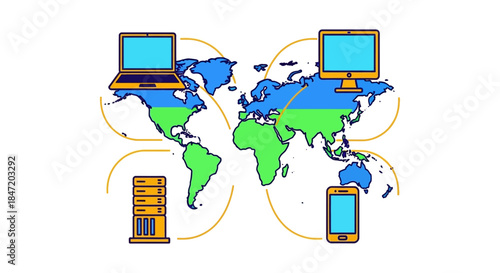global network connection illustration with laptop smartphone desktop computer and server icons linking across world map for cloud computing