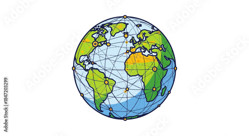 global networked earth illustration showing connected continents and data nodes on world map ideal for internet telecom and fintech concepts