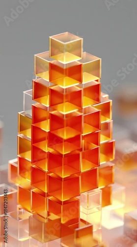 A glowing, transparent pyramid structure made of many orange cubes stacked precisely on a reflective surface.