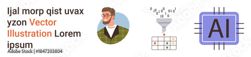 Artificial intelligence, data analysis, technology, machine learning, digital innovation, human-technology interaction. Person profile, data funnel AI chip icon. Artificial intelligence and data